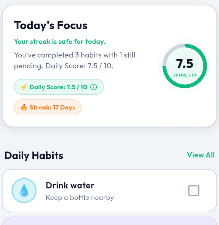Momentum Today view showing Daily Score and daily habits